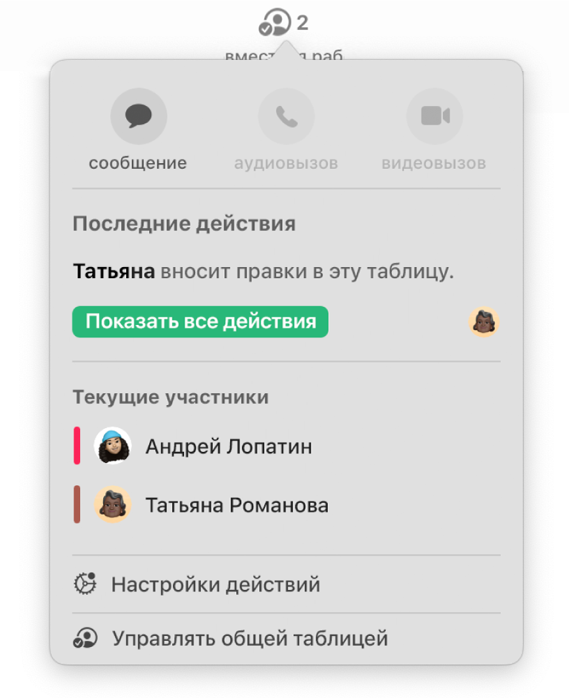 Меню совместной работы, в котором показаны имена людей, совместно работающих над таблицей.