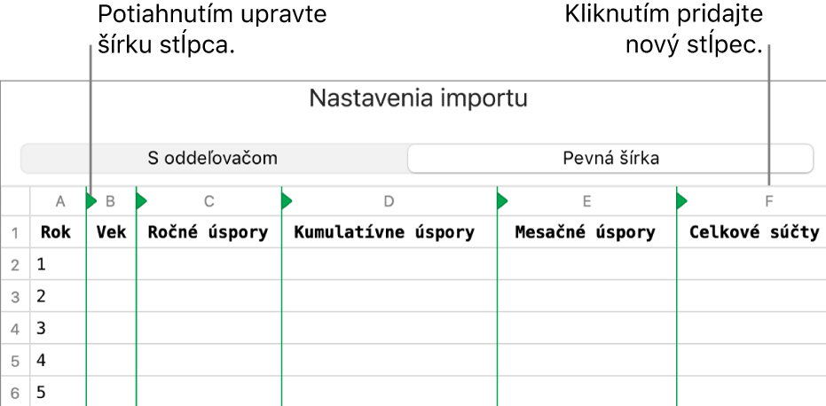 Nastavenia importu pre textový súbor s fixnou šírkou.