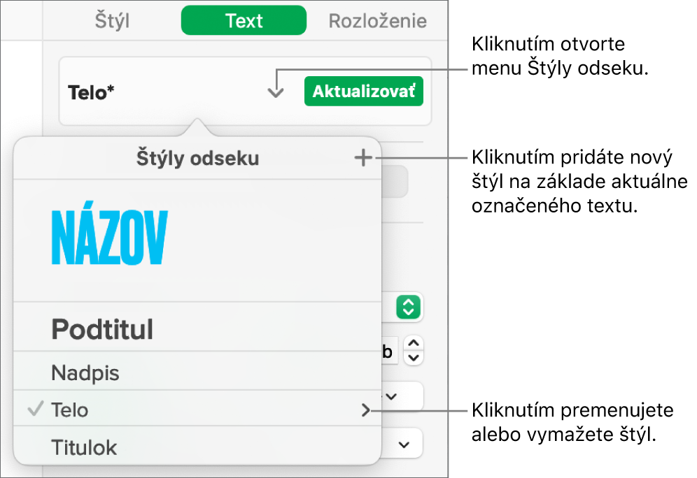 Menu Štýly odseku zobrazujúce ovládacie prvky na pridanie alebo zmenu štýlu.
