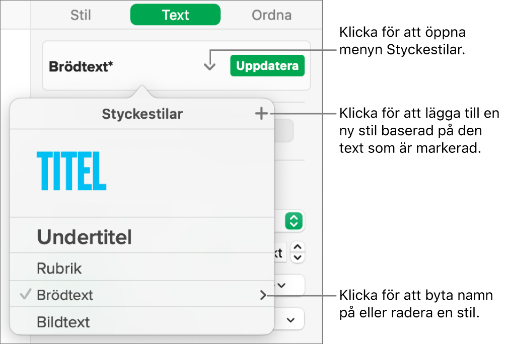 Menyn Styckestilar med reglage för att lägga till eller ändra en stil.