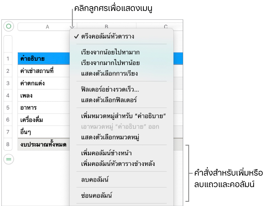 เมนูคอลัมน์ตารางที่มีคำสั่งสำหรับเพิ่มหรือลบแถวและคอลัมน์