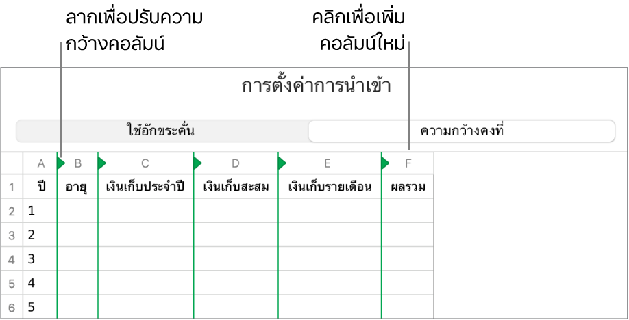 การตั้งค่าการนำเข้าสำหรับไฟล์ข้อความที่ความกว้างคงที่