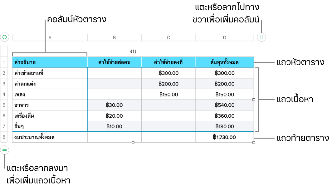 ตารางที่แสดงแถวและคอลัมน์หัวตาราง ตัวตาราง และท้ายตาราง และขอบจับเพื่อเพิ่มหรือลบแถวหรือคอลัมน์