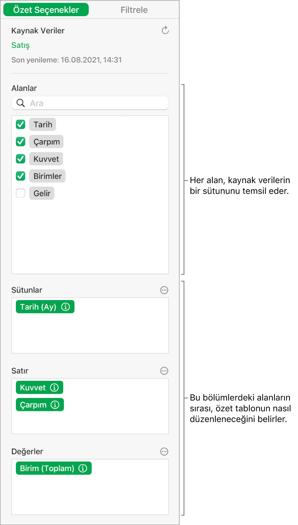 Sütunlar, Satırlar ve Değerler bölümlerindeki alanlar ile alanları düzenleme ve özet tabloyu yenileme denetimlerini gösteren Özet Seçenekleri menüsü.