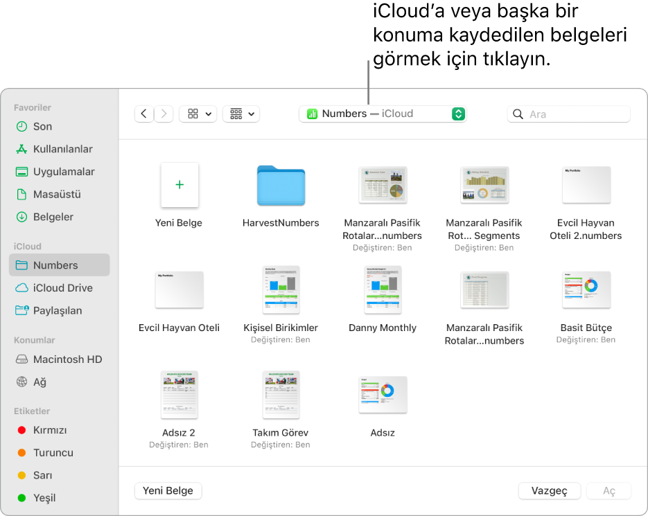 Solda kenar çubuğu açık şekilde Aç sorgu kutusu ve en üstteki açılır menüde iCloud Drive seçili. Keynote, Numbers ve Pages için klasörler, Yeni Belge düğmesiyle birlikte sorgu kutusunda belirir.