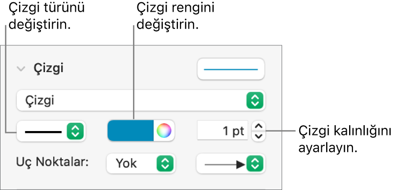 Uç noktaları, çizgi kalınlığını ve rengi ayarlamak için çizgi denetimleri.