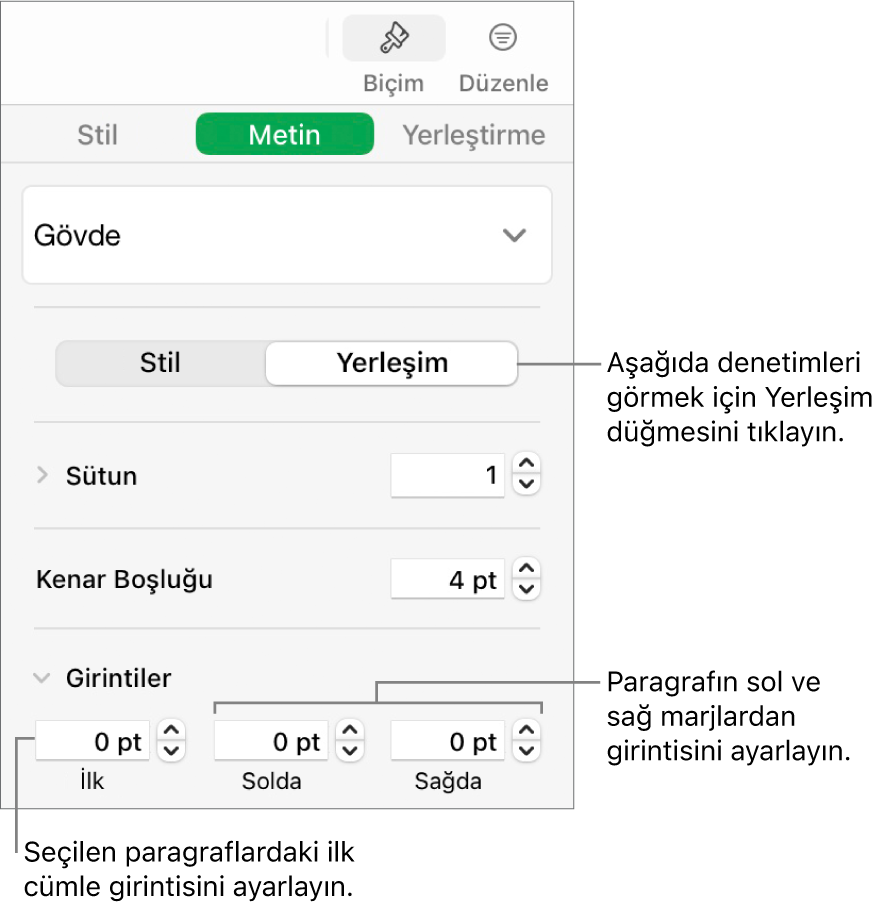 İlk satır girintisini ve paragraf marjlarını ayarlama denetimlerini gösteren Biçim kenar çubuğunun Yerleşim bölümü.