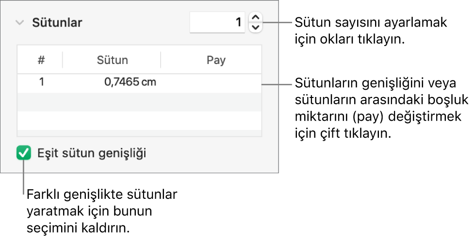 Sütun sayısını ve her bir sütunun genişliğini değiştirmek için sütunlar bölümündeki denetimler.