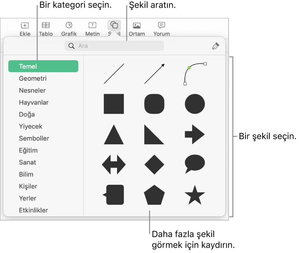 Kategoriler solda listelenmiş ve şekiller sağda görüntülenir durumda şekil arşivi. Şekilleri bulmak için arama alanını kullanabilir ve daha fazlasını görmek için kaydırabilirsiniz.