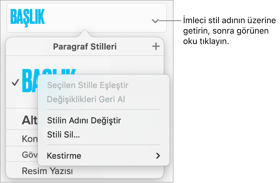 Kestirme menüsünün açık olduğu Paragraf Stilleri menüsü.