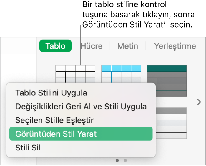 Tablo stili kestirme menüsü.