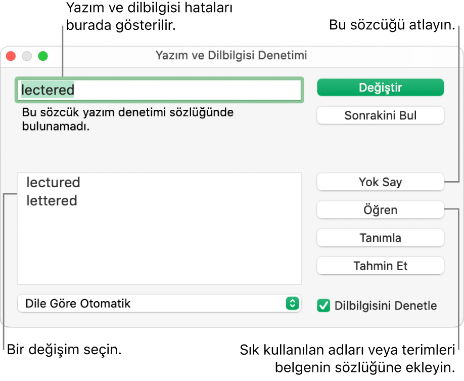 Yazım ve Dilbilgisi Denetimi penceresi.