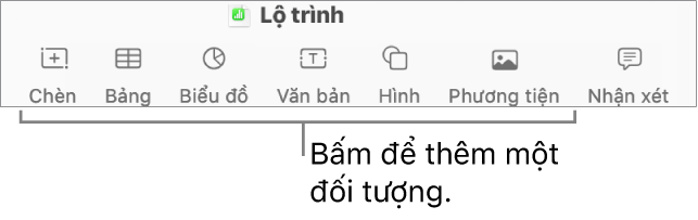 Cửa sổ Numbers có các lời nhắc đến các nút đối tượng trên thanh công cụ.