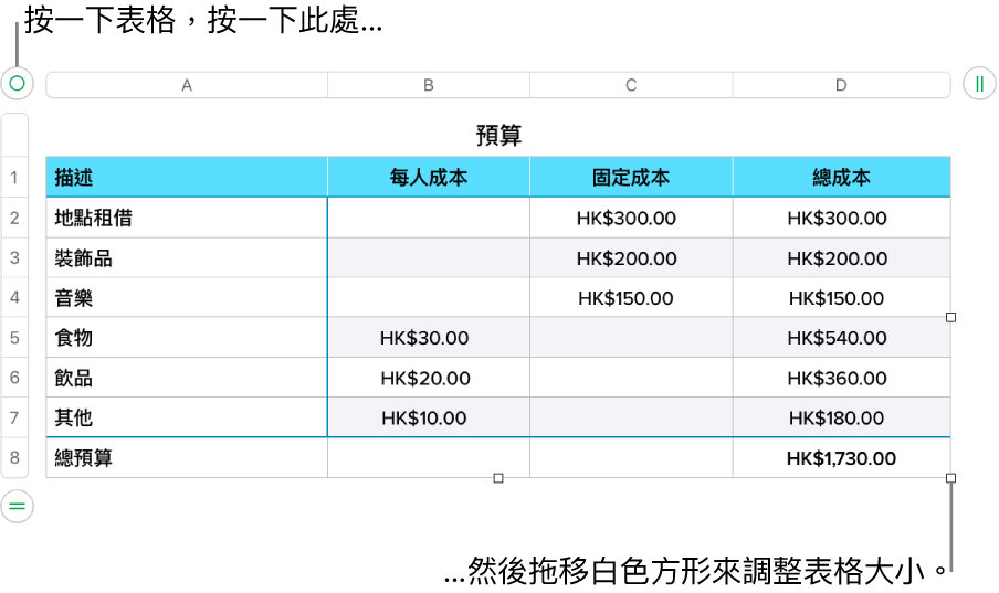 選取的表格，帶有調整大小的白色方形。