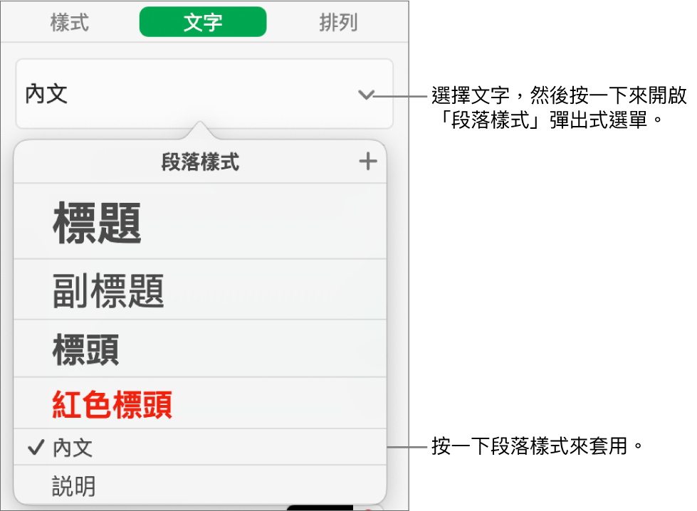 所選樣式旁邊帶有剔號的「段落樣式」選單。