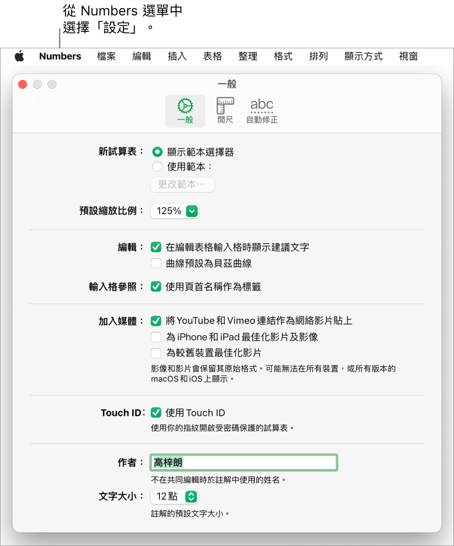 Numbers 設定視窗開啟至「一般」面板，其包括新試算表、預設縮放、編輯、輸入格參照、方程式、加入媒體、Touch ID、作者姓名和預設文字大小之設定。