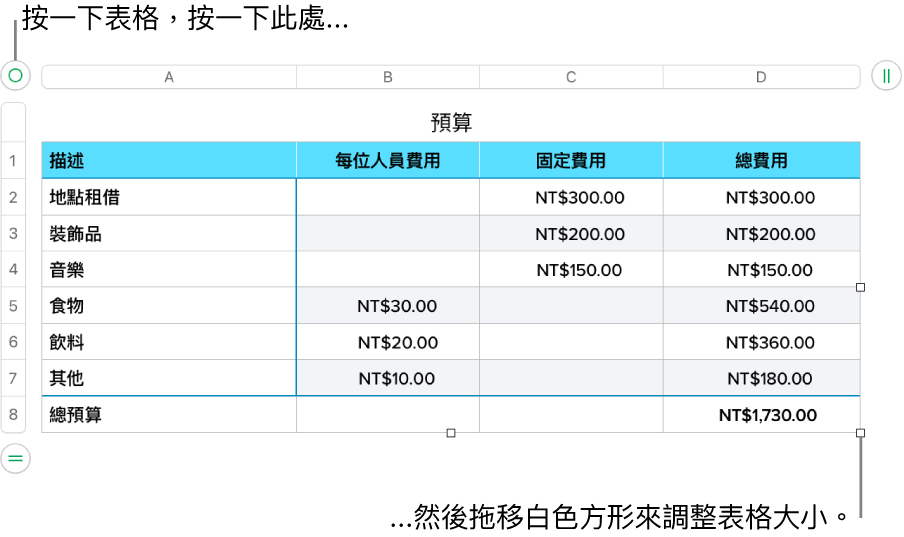 選取的表格，帶有調整大小的白色方形。