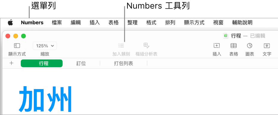 螢幕最上方的選單列，其中包含「蘋果」、Numbers、「檔案」、「編輯」、「插入」、「表格」、「整理」、「格式」、「排列」、「顯示方式」、「視窗」和「輔助說明」選單。選單列下方為打開的 Numbers 試算表，最上方分別為「顯示方式」、「縮放」、「加入類別」、「樞紐分析表」、「插入」、「表格」、「圖表」和「文字」工具列按鈕