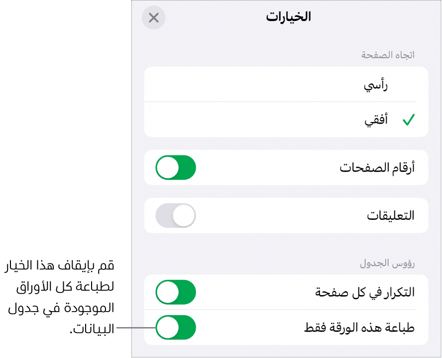 خيارات الطباعة الخاصة باختيار اتجاه الصفحة، وإظهار أرقام الصفحات ورؤوسها، واختيار حجم الورقة والصفحات المطلوب طباعتها.