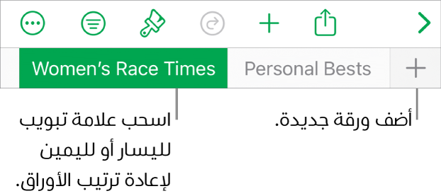 شريط علامات التبويب لإضافة ورقة جديدة والتنقل وإعادة التنظيم وإعادة ترتيب الأوراق.