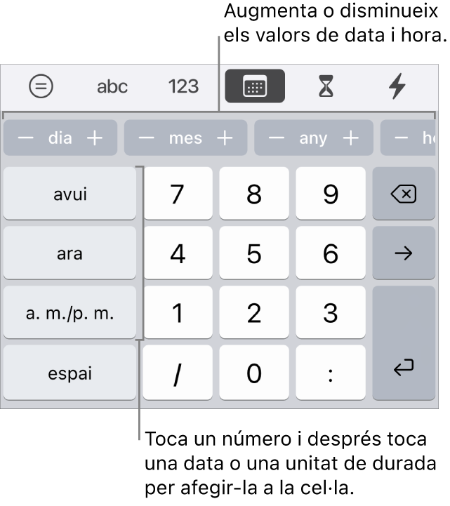 Teclat de data i hora. Una fila de botons a prop de la part superior mostra les unitats de temps (mes, dia i any) que pots incrementar per canviar el valor que es mostra a la cel·la. A l’esquerra hi ha tecles per a avui, ara i “a. m./p. m.”, i al centre del teclat hi ha les tecles numèriques.