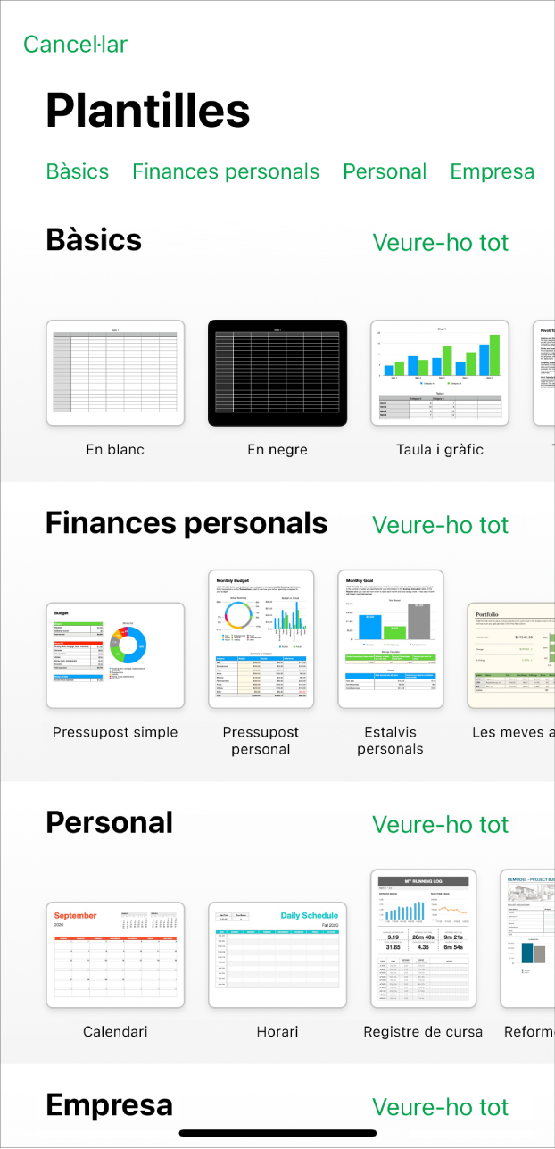 El selector de plantilles, amb una fila de categories a la part superior que pots tocar per filtrar les opcions. A sota hi ha miniatures de plantilles predissenyades ordenades en files per categoria: la primera, a la part superior, és “Bàsiques”, seguida de “Finances personals”, “Personal” i “Negocis”. Es mostra el botó “Mostra-ho tot” a la part superior i a la dreta de cada fila de categories. El botó de cancel·lar és a l’angle superior dret.