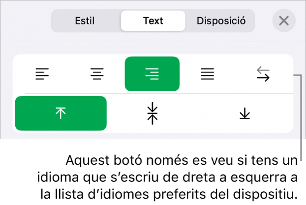 La secció Estil del menú Format, amb una llegenda per al botó “De dreta a esquerra”.