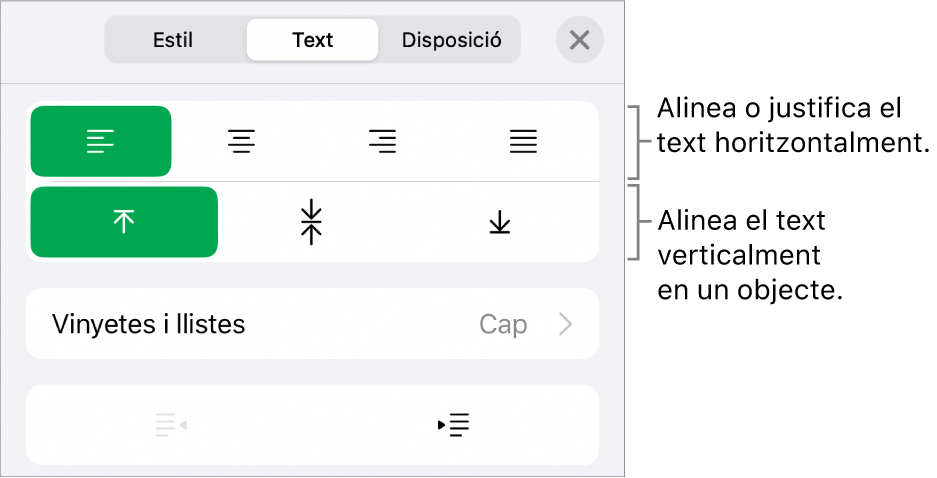 Secció Disposició de l’inspector de format amb referències als botons d’alineació i espaiat de text.