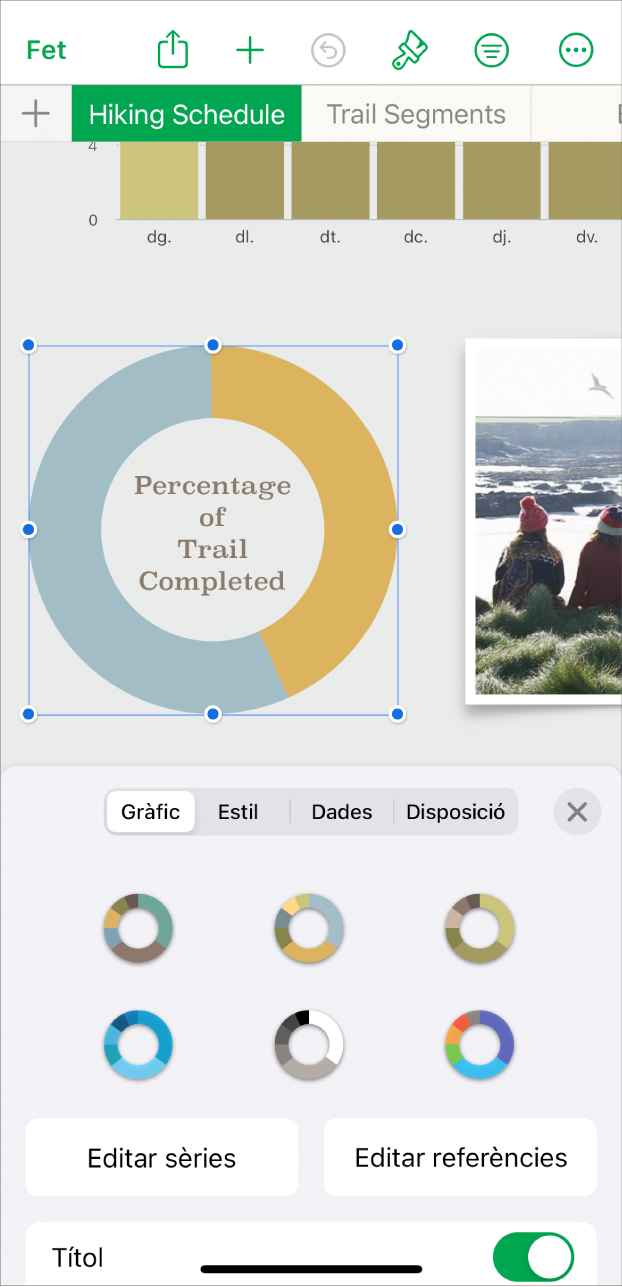 Un gràfic sectorial mostra percentatges de rutes completades. El menú Format també està obert i mostra diferents estils de gràfic per escollir, així com opcions per editar les sèries o referències de gràfic, i activar o desactivar el títol del gràfic.