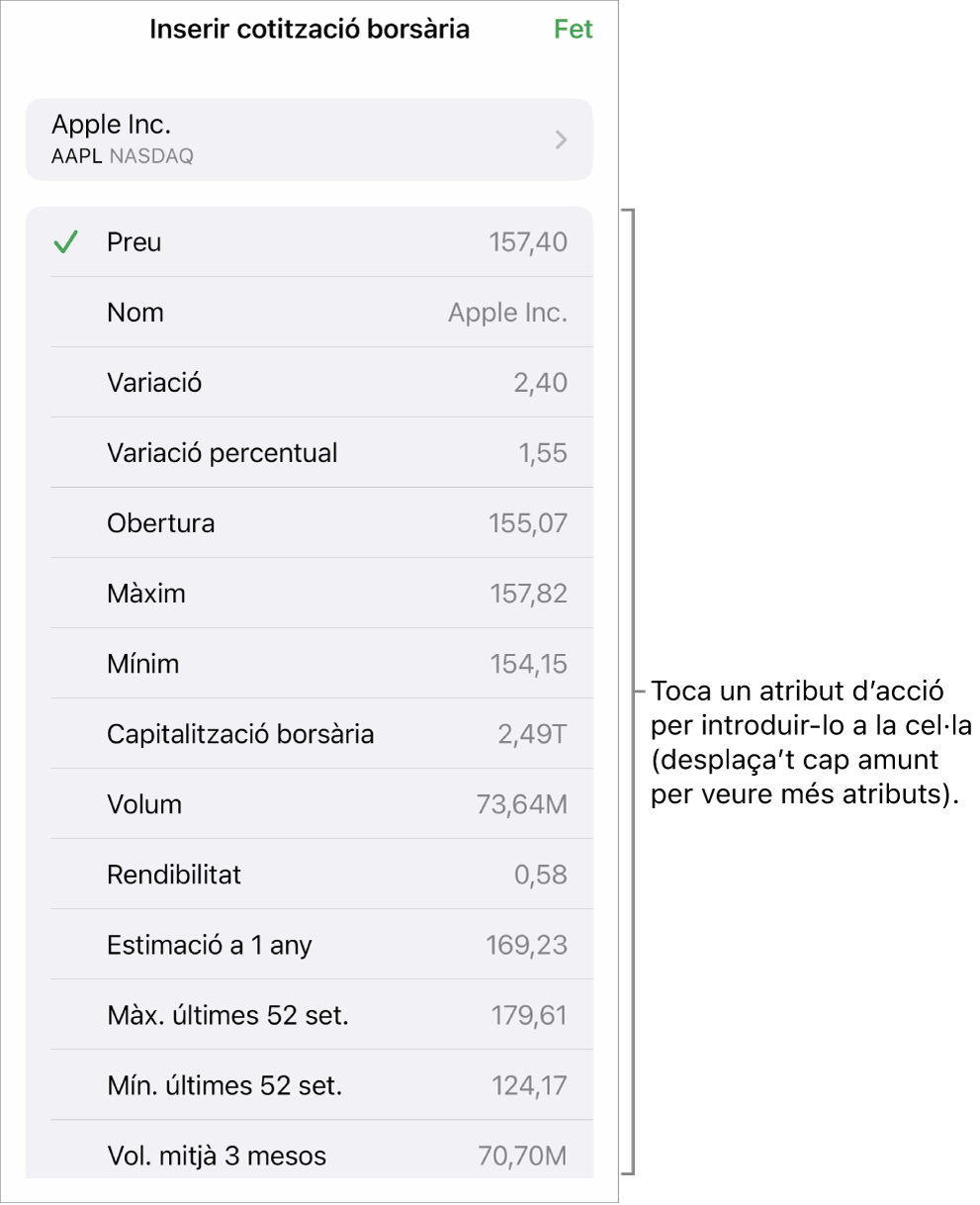Finestra emergent “Cotització borsària”, amb el nom de l’acció a la part superior i amb atributs d’acció seleccionables, com ara el preu, el nom, el tipus de canvi i la variació percentual enumerats a sota.