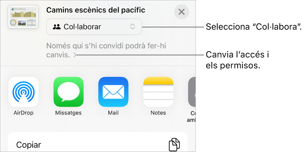Menú “Comparteix” amb l’opció “Col·labora” seleccionada a la part superior i la configuració dels permisos a sota.