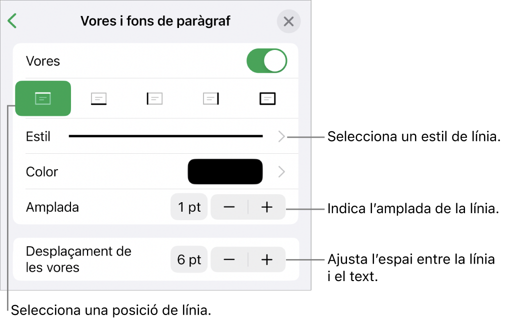 Controls per canviar l’estil, el gruix, la posició i el color de la línia.