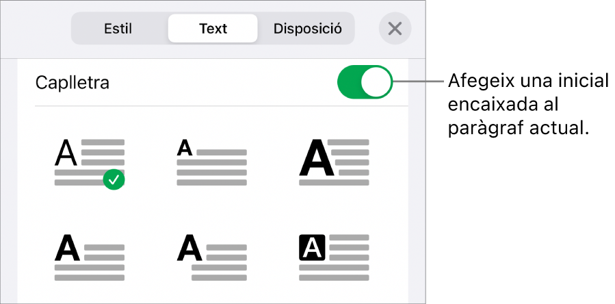 Els controls de caplletra a la part inferior del menú “Text”.