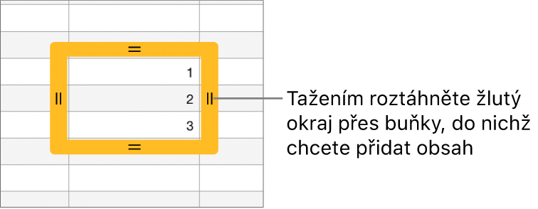 Vybraná buňka se silným žlutým ohraničením, jehož přetažením lze automaticky vyplnit okolní buňky