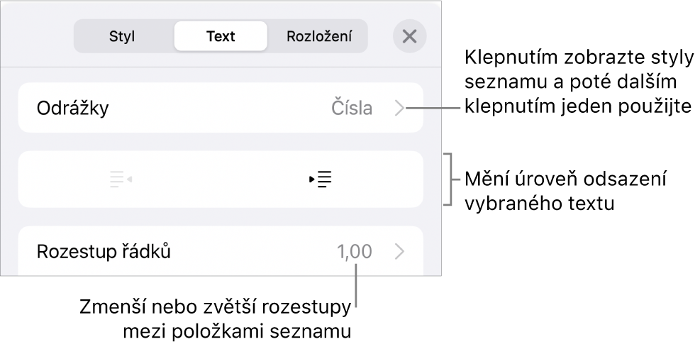 Oddíl Odrážky a seznamy na panelu Formát s připojenými popisky pro ovládací prvky Odrážky a seznamy, pro tlačítka zvýšení a snížení úrovně odsazení a pro ovládací prvky řádkování.