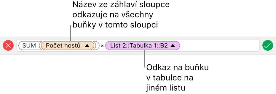 Editor vzorců se vzorcem odkazujícím na sloupec v jedné tabulce a buňku v jiné tabulce