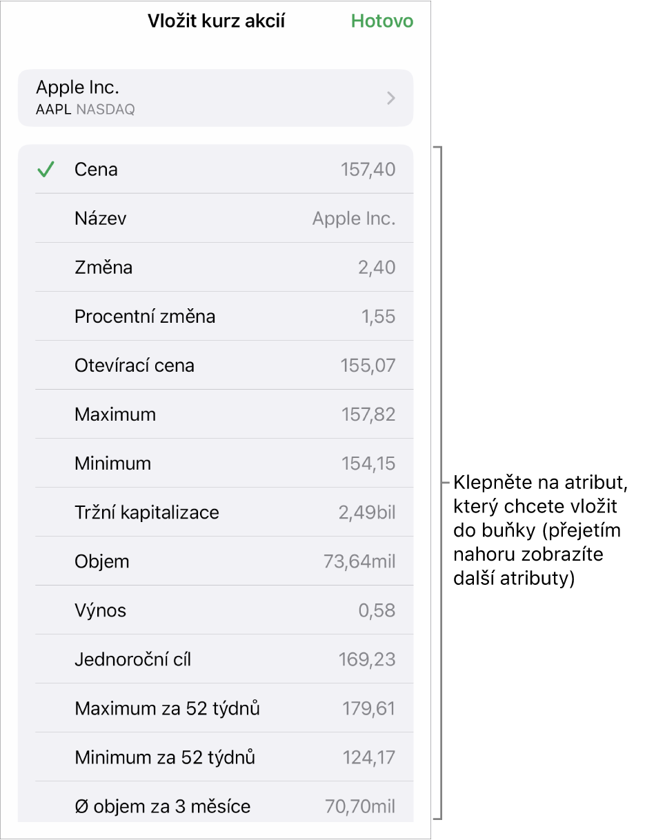 Překryvné okno kurzu akcií; v němž je nahoře vidět název akciového titulu a pod ním atributy akcií, které můžete vybrat – cena, název, změna, procentní změna a stav otevření
