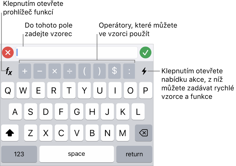 Klávesnice pro vzorce, obsahující nahoře editor vzorců a pod ním operátory používané ve vzorcích. Nalevo od operátorů je umístěno tlačítko Funkce pro otevření prohlížeče funkcí a napravo je vidět tlačítko Akce