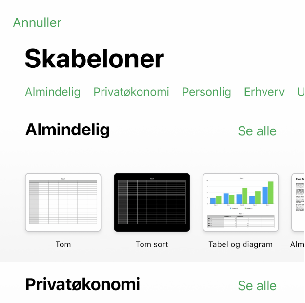 Skabelonvælgeren, der viser en række kategorier langs toppen, som du kan trykke på for at filtrere mulighederne. Derunder vises miniaturer af færdige skabeloner opstillet i rækker efter kategori med Seneste øverst efterfulgt af Almindelig. Knappen Se alle vises ovenover og til højre for hver kategorirække.