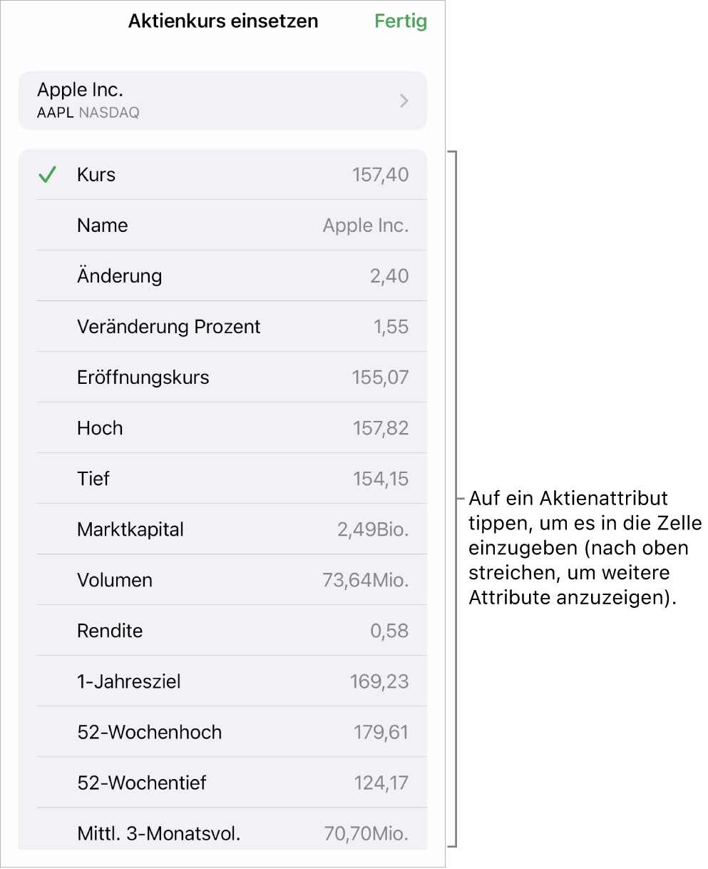 Das Popover „Aktienkurs“ mit dem Aktiennamen oben und den auswählbaren Aktienattributen, darunter aufgelistet sind u. a. der Kurs, der Name, die absolute und die prozentuale Änderung und der Eröffnungskurs.