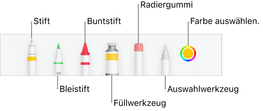 Die Zeichen-Symbolleiste in Numbers auf dem iPhone mit Werkzeugen wie Stift, Bleistift, Buntstift, Füllwerkzeug, Radiergummiwerkzeug, Auswahlwerkzeug und Farbfeld mit der aktuellen Farbe.