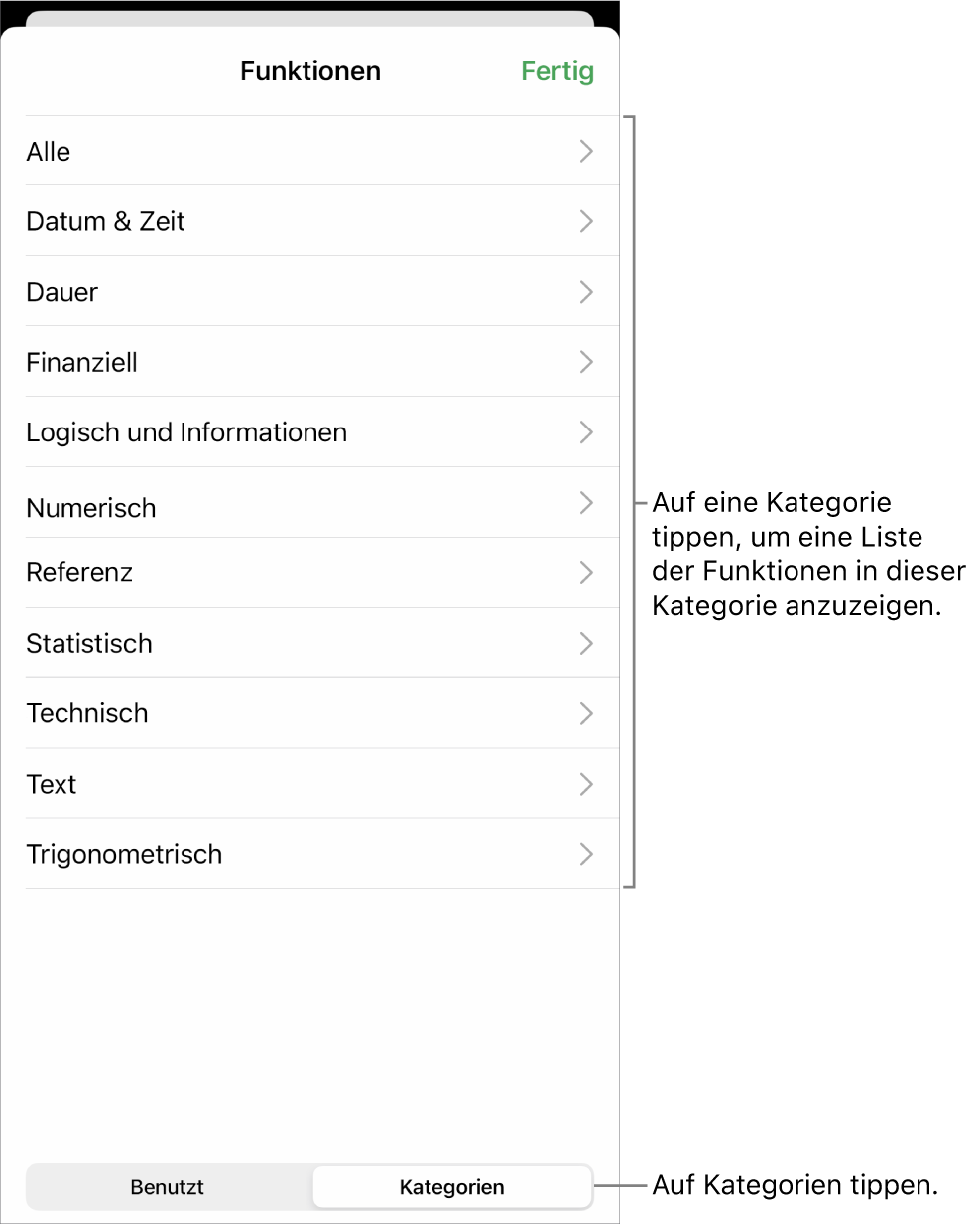 Die Funktionsübersicht mit ausgewählter Taste „Kategorien“, darunter befindet sich die Liste der Kategorien.