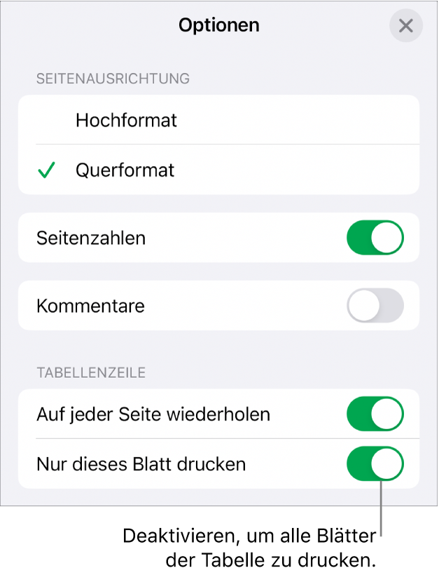 Druckoptionen zum Auswählen von Papierformat, Anzeigen von Seitenzahlen und Tabellentiteln und Auswählen der Papiergröße und welche Seiten gedruckt werden sollen.