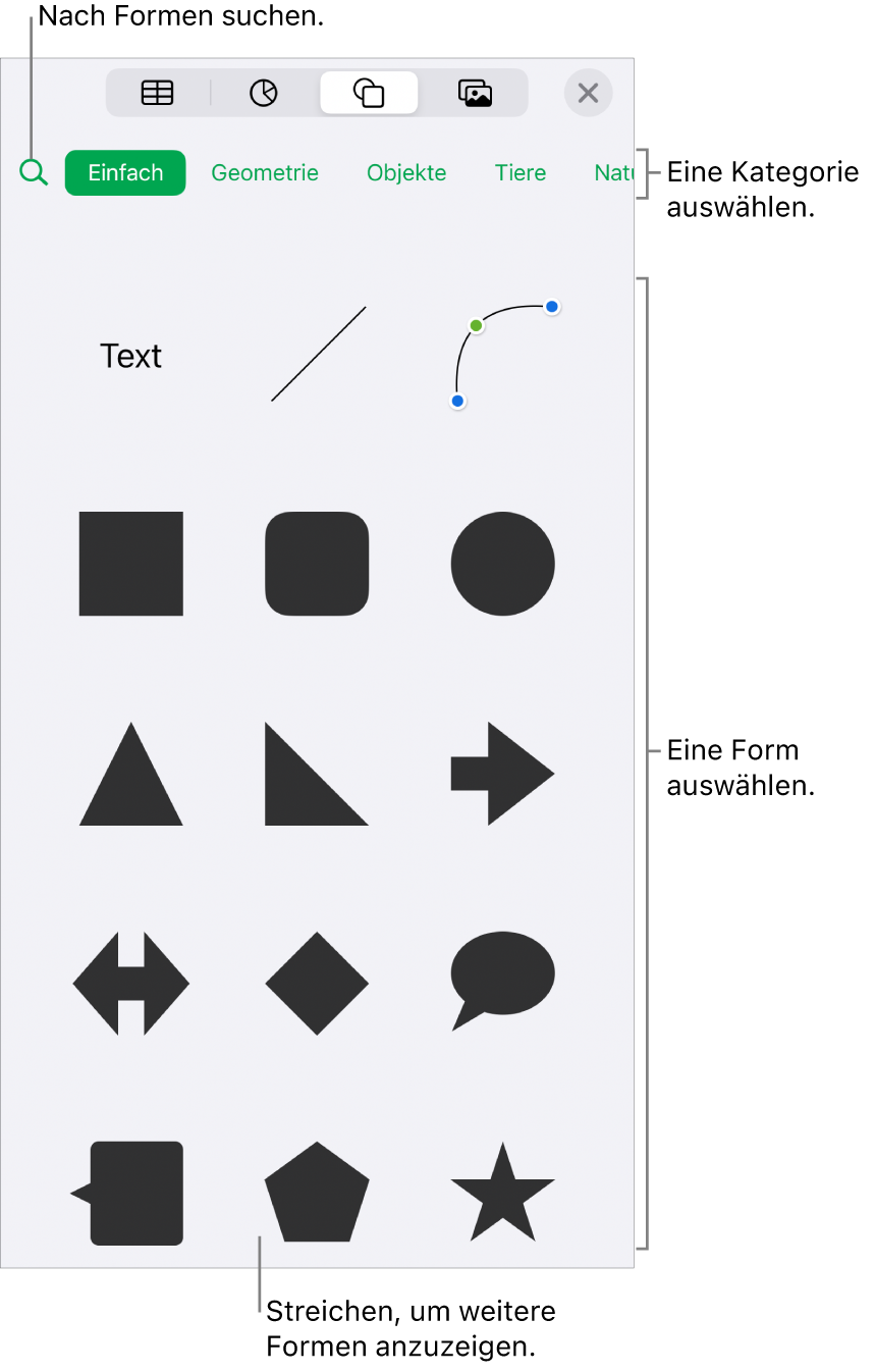 Die Formen-Mediathek mit Kategorien oben und Formen darunter. Du kannst das oben angezeigte Suchfeld verwenden, um Formen zu finden. Durch Streichen kannst du weitere Formen anzeigen.