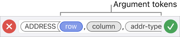 The Formula Editor showing a function with argument tokens.