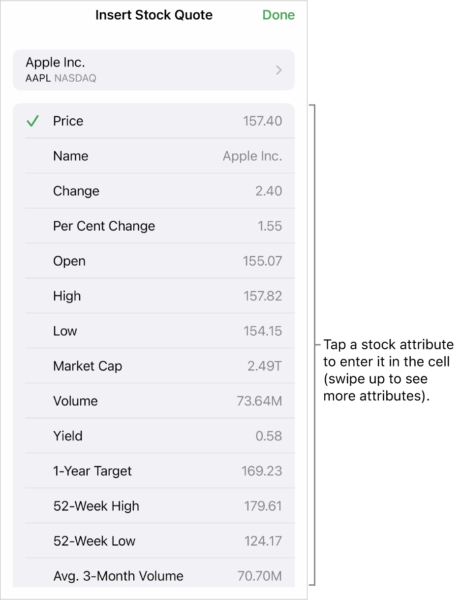 The stock quote pop-over, with the stock name at the top and selectable stock attributes including price, name, change, per cent change and open listed below.