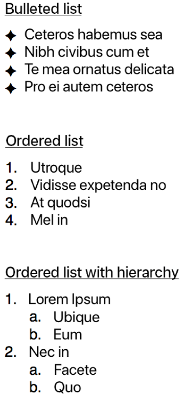 Examples of bulleted, ordered, and ordered with hierarchy lists.