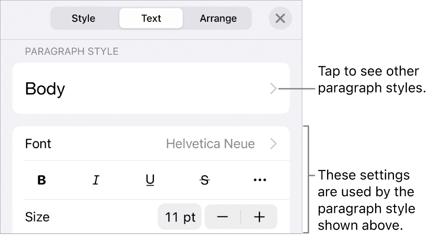 The Format menu showing text controls for setting paragraph and character styles, font, size and colour.