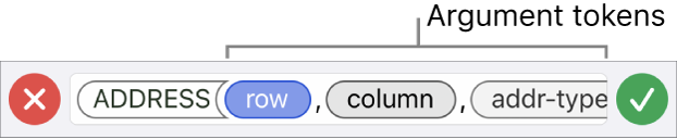The Formula Editor showing a function with argument tokens.