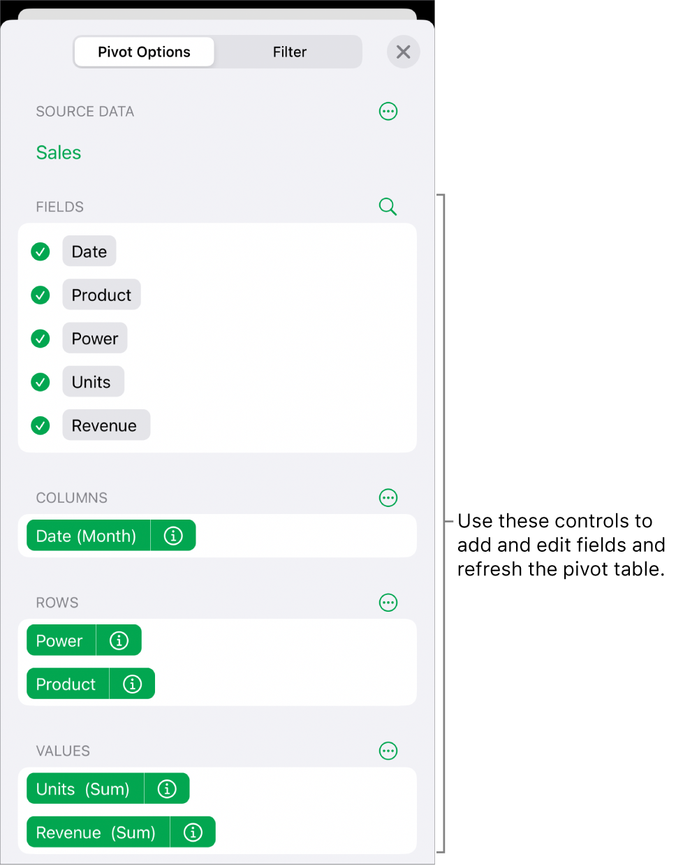 The Pivot Options menu showing fields in the Columns, Rows, and Values sections, as well as controls to edit the fields.